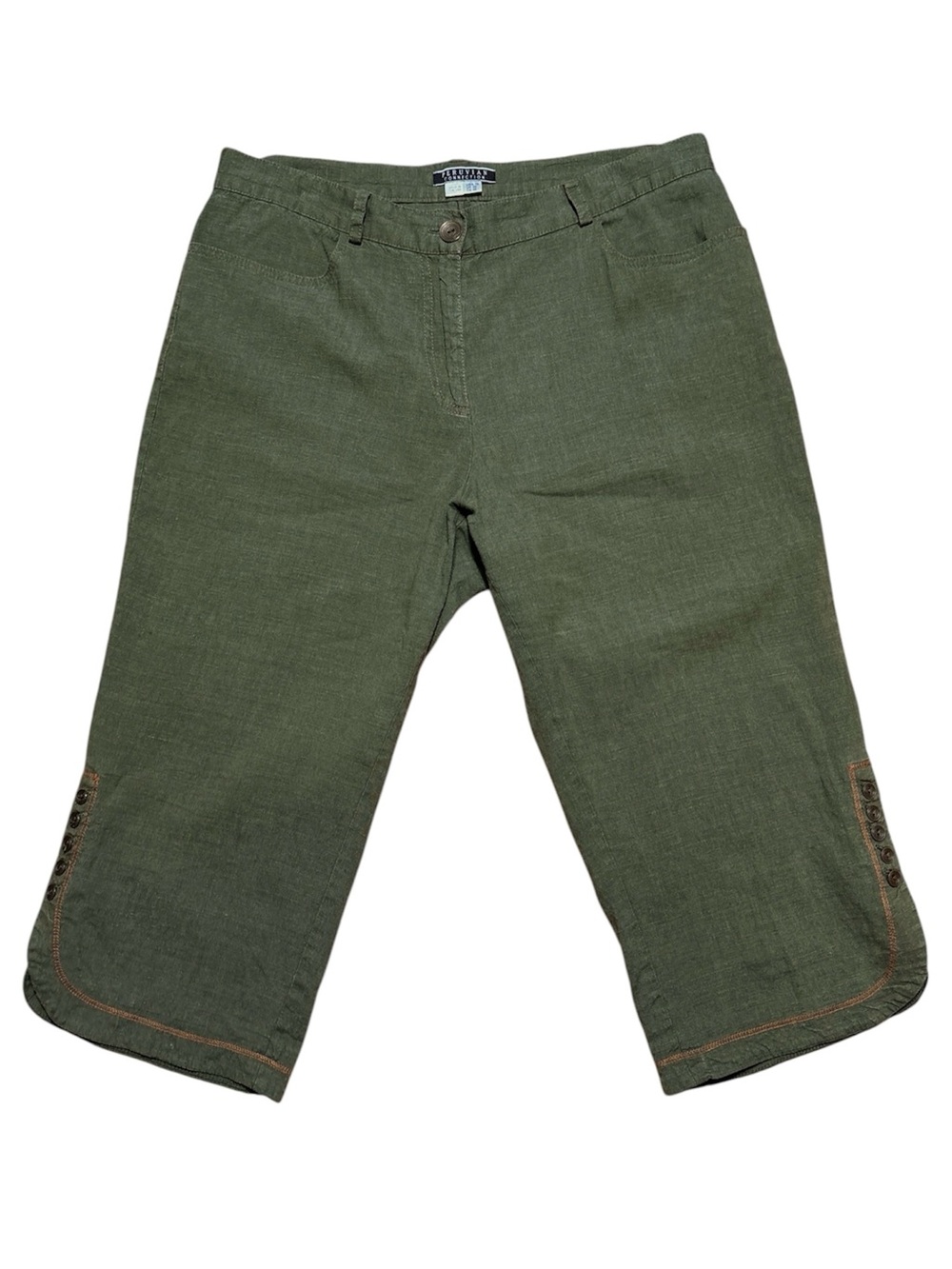 Peruvian Connection Linen Rayon Blend Crop Pants in Olive Green Sz 16